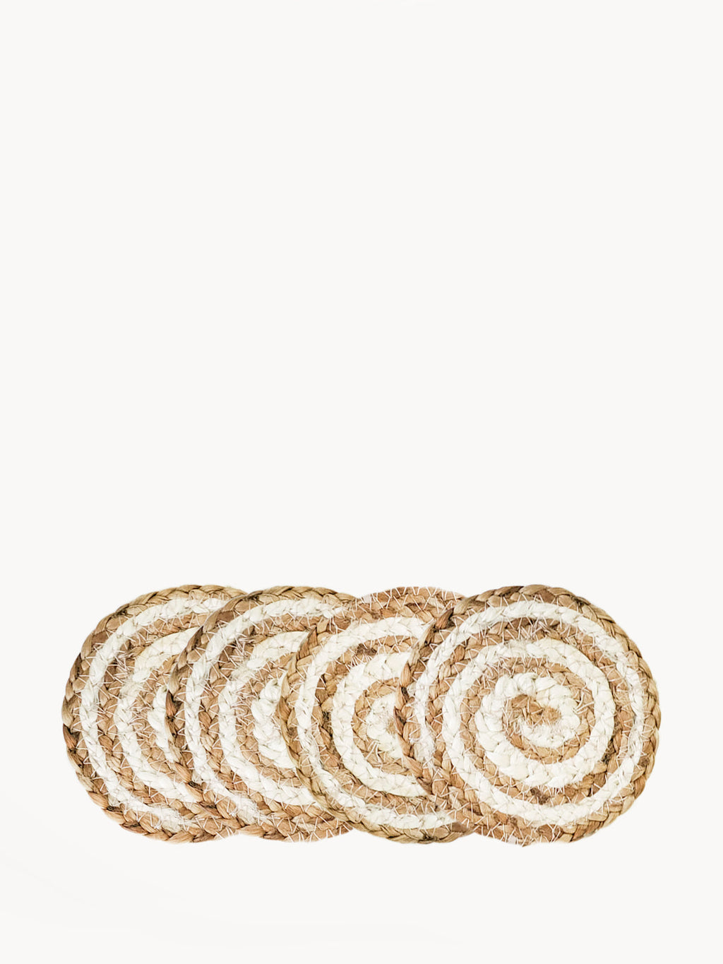 Kata Spiral Jute Coasters – Handwoven Natural & White (Set of 4)