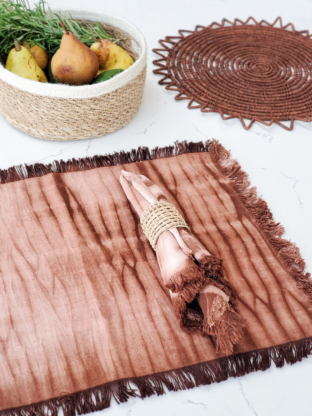 Tie Dye Cotton Placemats – Handcrafted Brown & White (Set of 4)