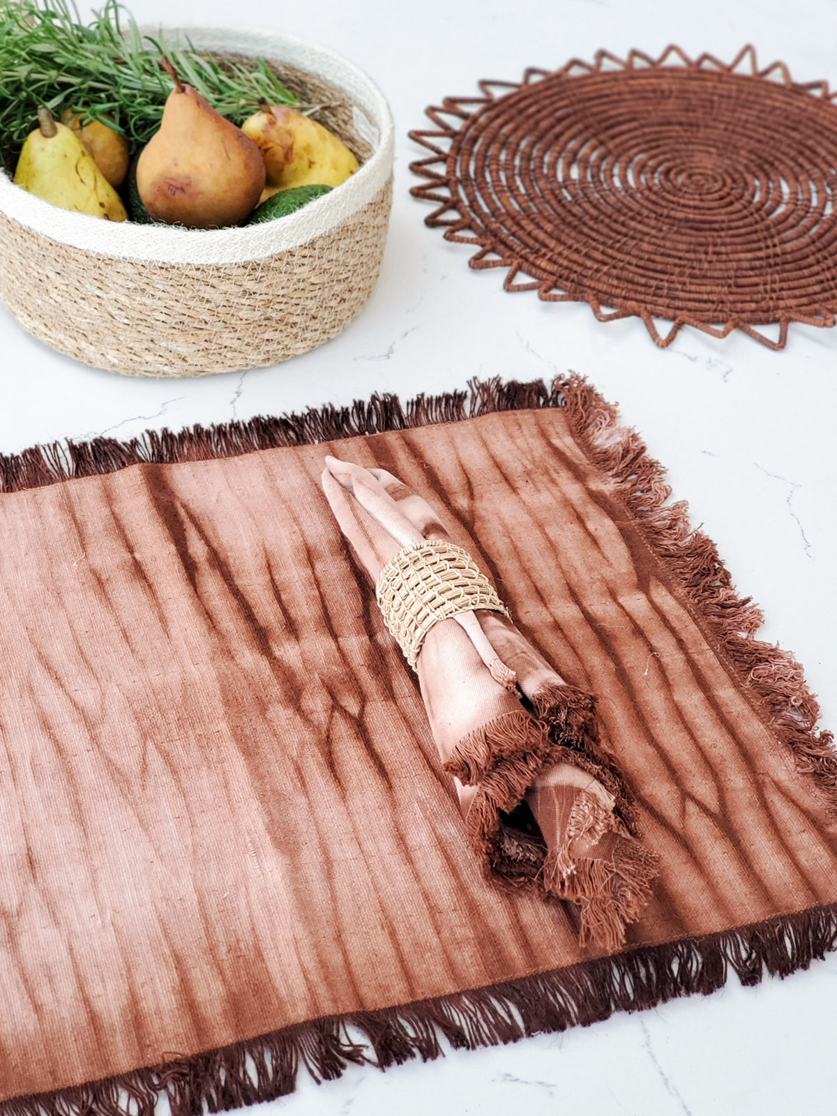 Tie Dye Cotton Placemats – Handcrafted Brown & White (Set of 4)