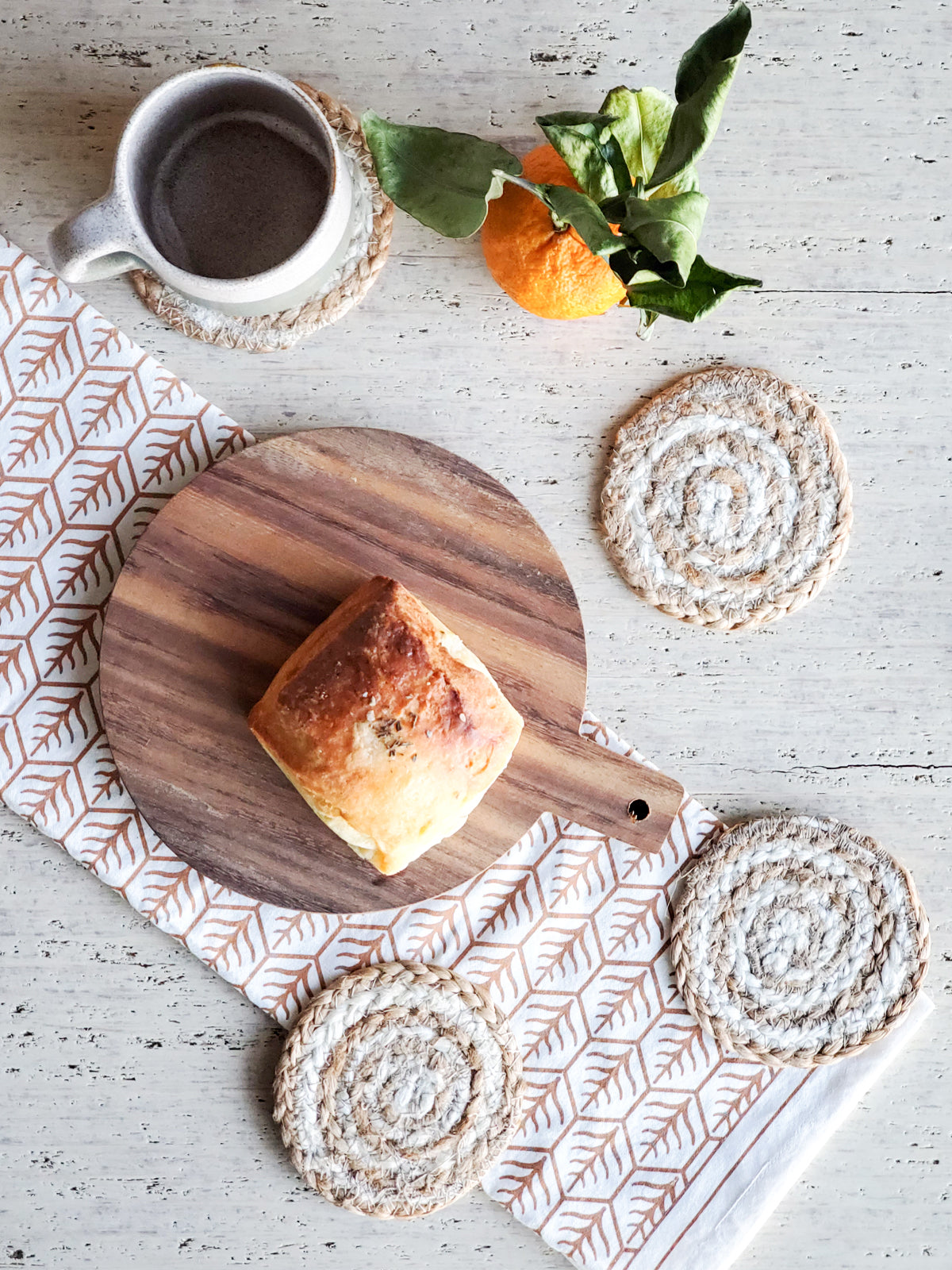 Kata Spiral Jute Coasters – Handwoven Natural & White (Set of 4)